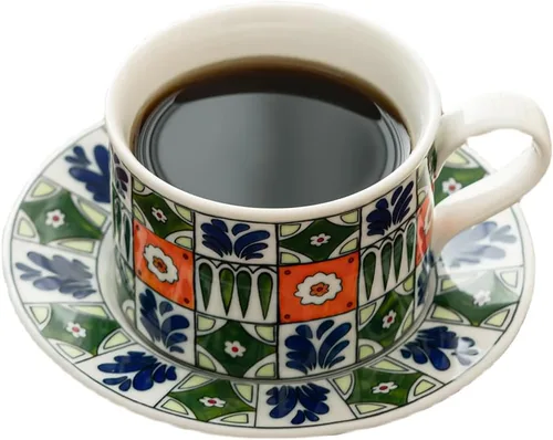 Vista 5 de Taza de café de cerámica con platillo, 8 onzas, taza de café de porcelana con margarita gris turco Iznik para oficina en casa, regalos para mujeres