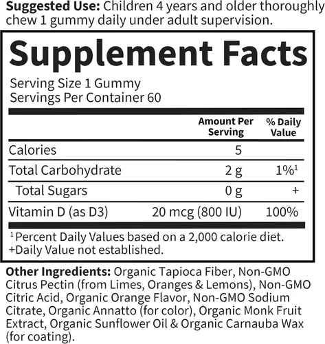 Vista 5 de Garden of Life Gomitas orgánicas de vitamina D3 para niños con 800 UI (100% valor diario) para huesos fuertes, dientes, cerebro e inmunidad – Sin