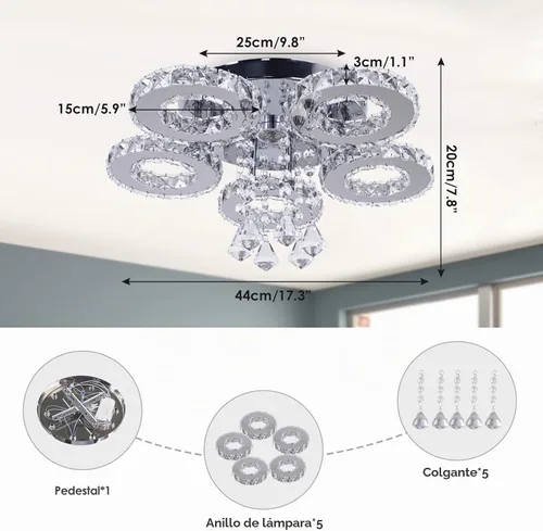 Vista 6 de Lámpara de techo de cristal con 5 anillos, color blanco frío Lámpara de techo de cristal moderna LED para pasillo dormitorio baño cocina y entrada