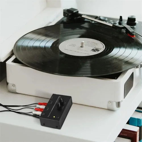 Vista 4 de Phono - Preamplificador de tocadiscos - Mini fonógrafo estéreo de audio, adaptador de corriente de CC separado de 12 V, entrada RCA, salida RCA