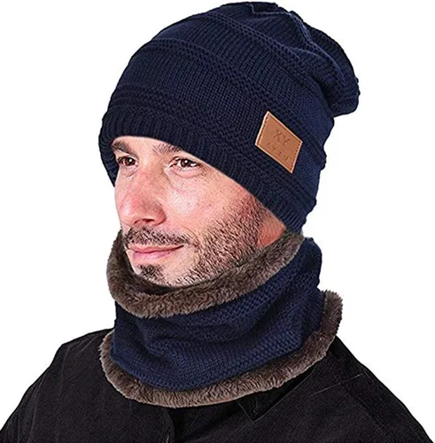 Vista 7 de Juego de bufanda con forro polar y gorro de invierno para hombre de 2 piezas