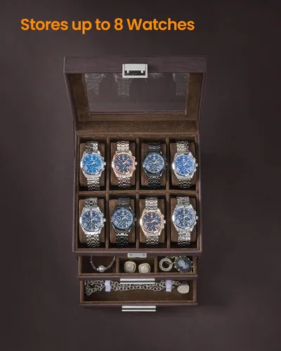 Vista 3 de Caja de reloj, regalos de Navidad, caja de reloj de 8 ranuras con tapa de vidrio, almohadas de reloj extraíbles, organizador de caja de joyería de 3