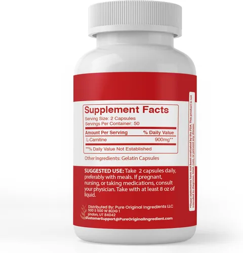 Vista 2 de PURE ORIGINAL INGREDIENTS L-carnitina, (100 cápsulas) siempre pura, sin aditivos ni rellenos, verificado por laboratorio