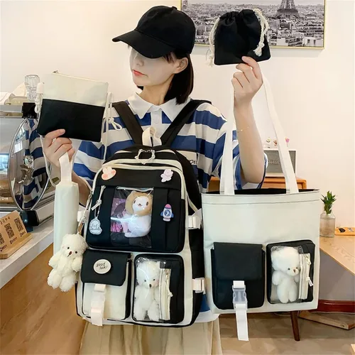 Vista 2 de Kawaii Juego de 5 mochilas Kawaii escolares con insignia y colgante de felpa bolsa de hombro caja de lápices bolsa de mano bolsa pequeña Arroz Negro