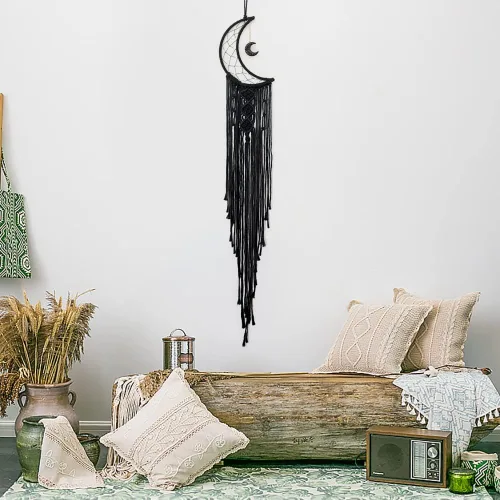 Vista 6 de MOONFLY Atrapasueños de Luna Negra con Atrapasueños de Algodón Tejido a Mano Macramé Boho Colgante de Pared Decoración del Hogar Ornamento Artesanía