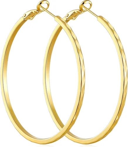 Vista 10 de Aretes de aro de corte de diamante para mujer, aro ligero y fino Dorado