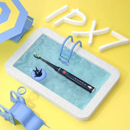 Vista 8 de SEAGO Cepillo de dientes eléctrico para niños, cepillos de dientes recargables de cerdas suaves sónicos con calcomanías de bricolaje, 5 modos, marino