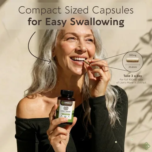 Vista 6 de Longevity Botanicals Cápsulas orgánicas de hongo melena de león extracto suplemento 120ct Hericium Erinaceus cuerpo fructífero ≥20%