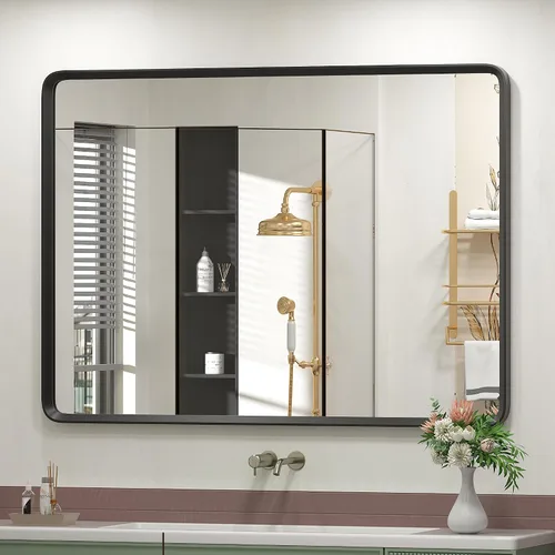 Vista 31 de Espejo rectangular con marco mate negro de 20x30 pulgadas para baño, espejo de tocador para pared de baño con esquinas redondeadas, antióxido y a
