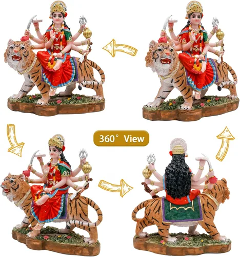 Vista 4 de alikiki Diosa hindú Durga Estatua grande – 8.5 pulgadas Dios indio Durga MATA Ídolo en la estatua de tigre India Murti Casa Oficina Templo Mandir