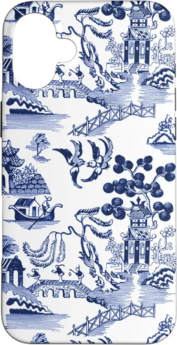 Vista 22 de iPhone 14 Pro Preppy Azul y Blanco Willow Patrón Chinoiserie Toile Case