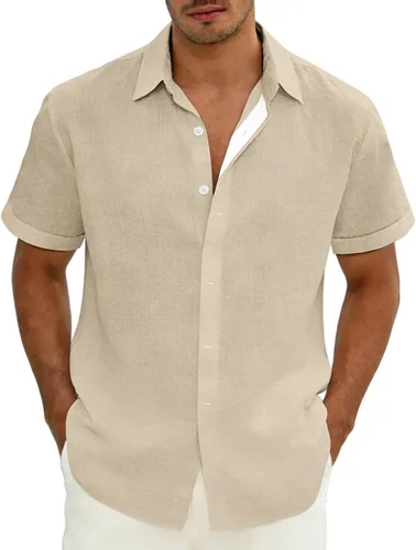 Vista 9 de Camisas de lino con botones para hombre, camisa casual de manga corta, sin pliegues, vestido de boda de verano, camisa de vacaciones en la playa