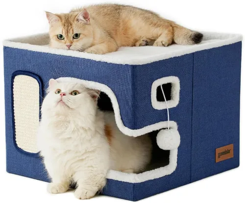 Vista 11 de ZOMISIA Casa térmica para gatos de interior – Cama grande de calentamiento para gatos para invierno con bola esponjosa colgante y almohadilla