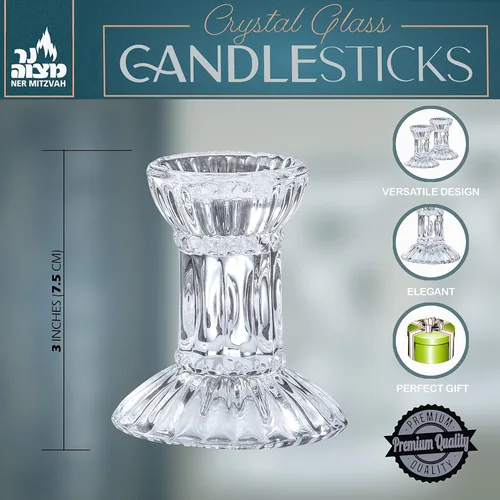 Vista 3 de Ner Mitzvah Juego de 2 portavelas de cristal de 3 pulgadas de alto para velas cónicas