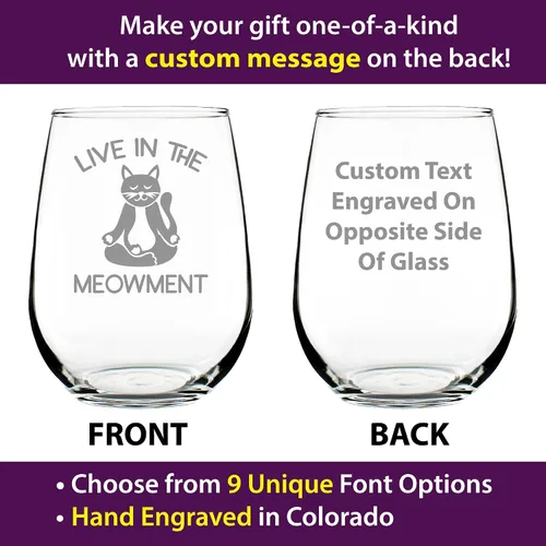 Vista 2 de Custom Live In The Meowment - Personalized Stemless Wine Glass - Funny Cat Gifts and Meditation Themed Decor - Large 17 Oz Glasses - Customized Wine