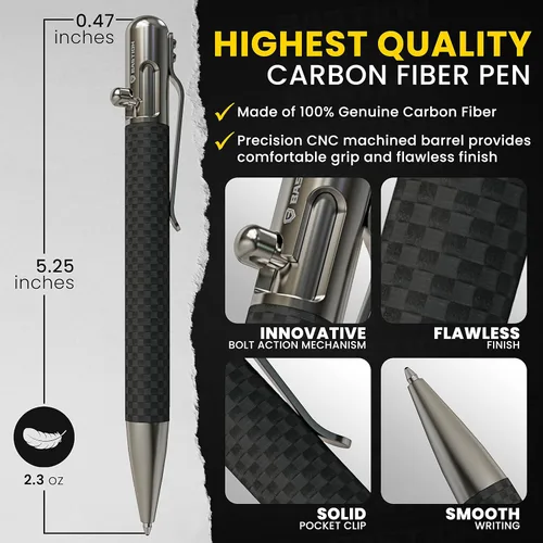 Vista 5 de BASTION Bolt Pen Fibra de carbono y acero inoxidable Cartucho de tinta extra negra de punta fina (0.020 in) para mujeres y hombres, bolígrafo