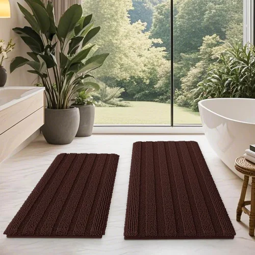 Vista 13 de ACCUMTEK - Juego de alfombras de baño a rayas beige de 3 piezas, ultrasuaves, antideslizantes de chenilla, alfombras de baño mullidas y absorbentes