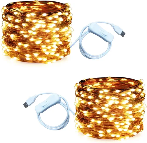 Vista 9 de RUICHEN Alambre de cobre de 33 pies, 100 luces LED USB con interruptor de encendido/apagado, verde