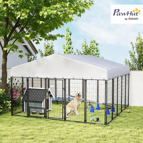 Vista 2 de PawHut Perrera para perros al aire libre de 10' x 10' x 6' con cuencos giratorios de 360°, plateado