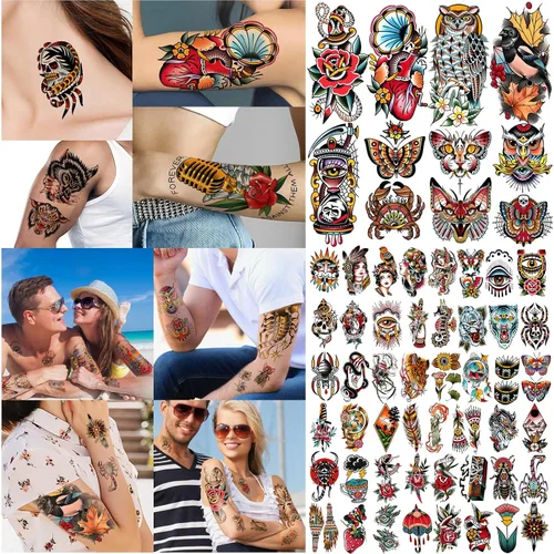 Vista 4 de Yazhiji 77 hojas de tatuajes falsos impermeables para hombres o mujeres, 17 hojas más grandes, mitad brazo, búho, peonía, mariposa, serpiente
