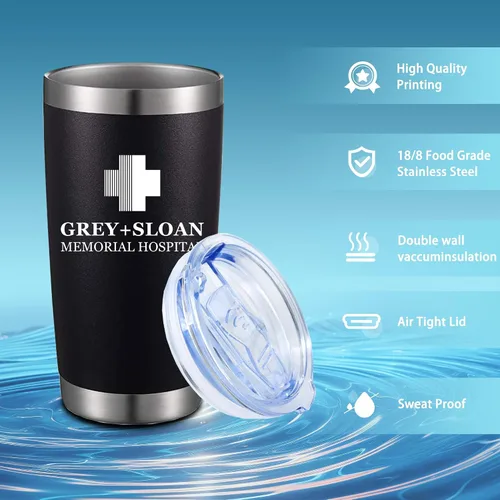 Vista 2 de Greys Grays Anatomy Merchandising, mercancía de programa de televisión, vaso de café helado de acero inoxidable aislado de 20 onzas con tapa, popote