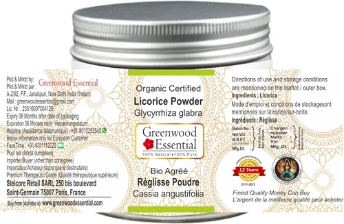 Vista 2 de Greenwood Essential Polvo de regaliz/regaliz puro (Glycyrrhiza glabra) certificado orgánico 100% natural, grado terapéutico, 100 gm (3.5 oz)