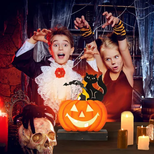 Vista 5 de Decoraciones de Halloween luces de calabaza para interiores, funciona con pilas, decoración de mesa de madera iluminada para decoración de Halloween