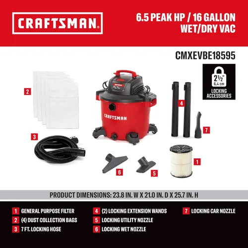 Vista 3 de CRAFTSMAN CMXEVBE18595 - Aspiradora húmeda y seca de 16 galones, 6.5 HP de potencia máxima, aspiradora de taller resistente húmeda y seca