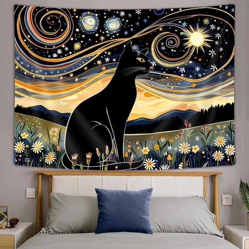 Vista 4 de Ptrxobj Tapiz estético de gato negro, divertido diseño de gato estrellado noche estrellada, tapiz para colgar en la pared para dormitorio, sol