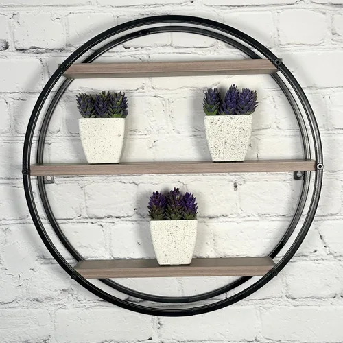 Vista 15 de Admired by Nature, Estantería de almacenamiento colgante de círculo de hierro montado, decoración de pared circular flotante de 3 niveles