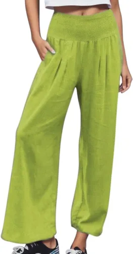 Vista 12 de SHAOBGE Pantalones palazzo de verano para mujer, cintura alta, pierna ancha, casual, cintura elástica, pantalones de playa con bolsillos