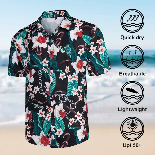 Vista 6 de Camisa hawaiana de 2 piezas para hombre, camisa de manga corta con botones