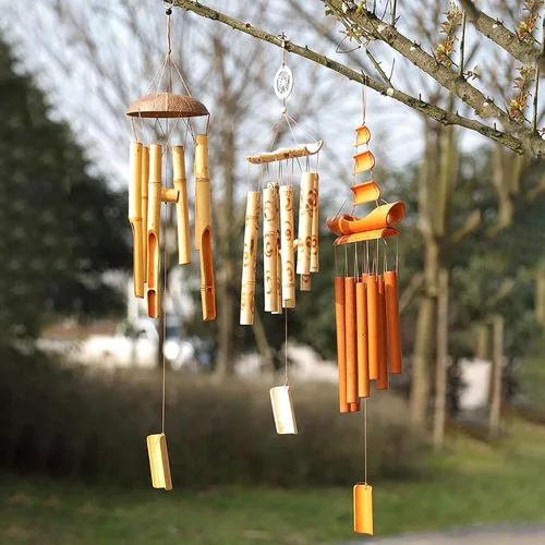 Vista 2 de Campanillas de viento de bambú hechas a mano de 27 pulgadas para exteriores, campanillas de viento de madera, decoración del hogar para exteriores e