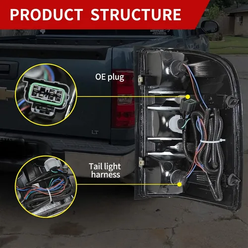 Vista 6 de Conjunto de luz trasera del lado del conductor para camioneta pickup Chevy Silverado estilo de fábrica 2007-2013 OE con bombillas y arnés