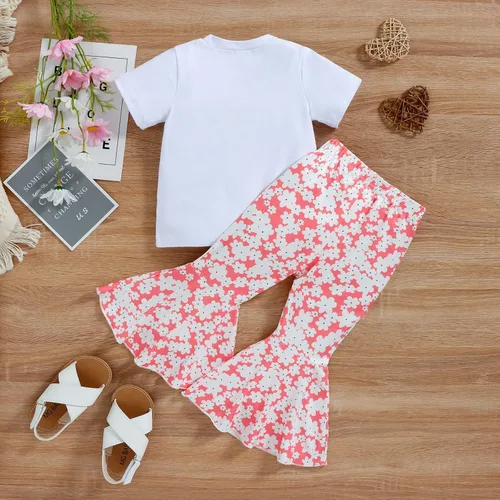 Vista 4 de Toddler Girls Valentine's Day Short Sleeve Letter T Shirt Pullover Tops Bell Bottoms Pants Kids Infant Girl