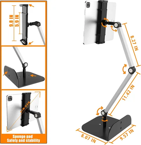 Vista 5 de Soporte para teléfono y tablet para cama, sofá y escritorio, base de doble peso, soporte elástico con brazo ajustable, compatible con iPad mini Air