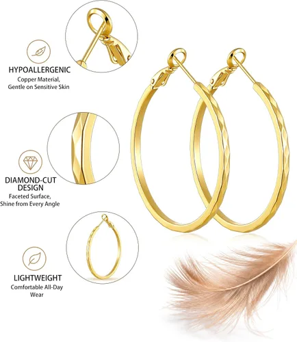Vista 4 de Aretes de aro de corte de diamante para mujer, aro ligero y fino Dorado