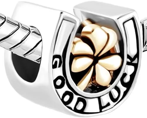 Vista 3 de LSxAB Abalorio de herradura de la suerte competible con pulseras Pandora para mujeres y niñas, trébol de oro, cuentas de plata, amigo de la familia