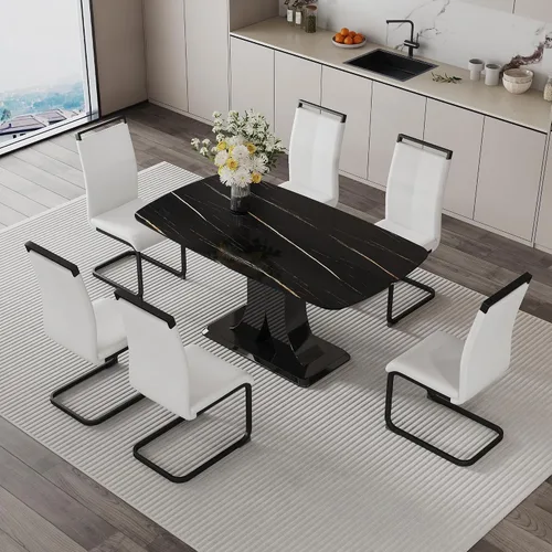 Vista 13 de Moderno juego de mesa de comedor para 4, mesa de vidrio de 63 pulgadas y base de MDF, mesa de comedor de mármol sintético negro con 4 sillas Mesa