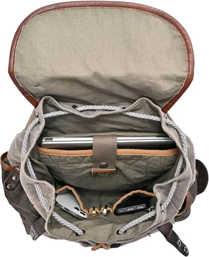 Vista 5 de Mochila de lona Tapa Mochila grande de lona con detalles de cuero genuino Mochila retro para portátil, Gris, Mochila de senderismo