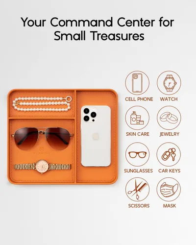 Vista 3 de VLANDO Valet Tray for Men, PU Leather Catchall Tray with Dividers Orange