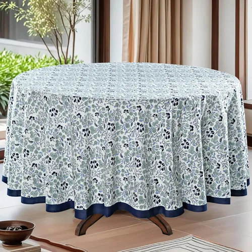 Vista 23 de Mantel redondo con estampado de bloque a mano, 100% algodón, reutilizable, color verde espárragos, 60 pulgadas, mantel decorativo para uso diario