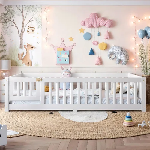 Vista 4 de Harper & Bright Designs - Cama de suelo para niños de tamaño individual con valla y puerta, marco de cama Montessori de madera maciza, cama