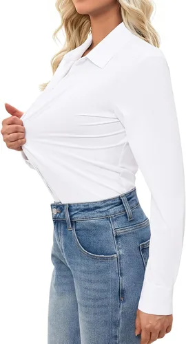 Vista 2 de Aoudery Button Down Shirts for Women Slim Fit Long Sleeve Stretch Dress Shirts Work Shirt Wrinkle Free