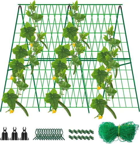 Vista 8 de Paquete de 2 enrejados plegables de pepino de 48 x 48 pulgadas para cama elevada, enrejado de jardín con marco en A para plantas trepadoras al aire