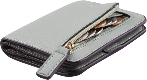 Vista 21 de Toughergun Cartera pequeña de cuero delgada para mujer con protección RFID, mini monedero bifold compacto con ventana de identificación transparente