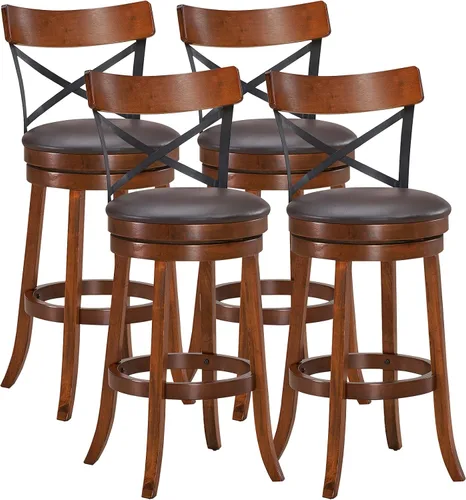 Vista 12 de COSTWAY Juego de 2 taburetes de bar giratorios de madera maciza de 360 grados con cojín suave y respaldo, taburetes de bar de cocina de 25 pulgadas
