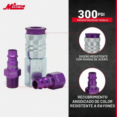 Vista 2 de Milton S-303VKIT HIGHFLOWPRO Kit Acoplador y Enchufe Estilo V 1/4 NPT Púrpura - 3 Piezas