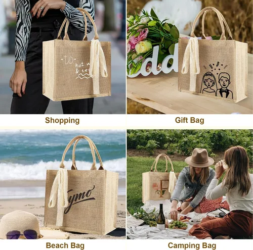 Vista 4 de 3 bolsas de arpillera a granel, bolsa de yute reutilizable con cinta de 5 yardas, bolsa de regalo de arpillera en blanco con asa, bolsa de playa
