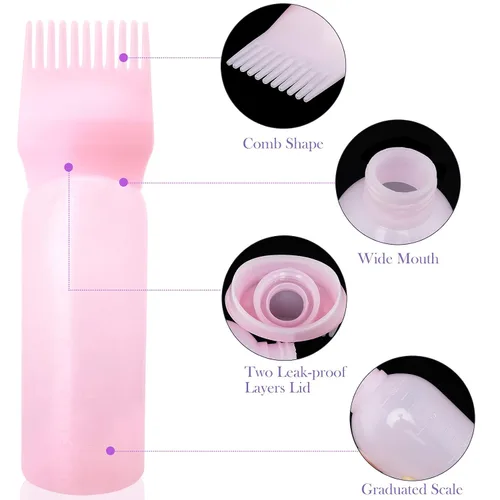 Vista 4 de Cosywell Botella aplicadora de peine de raíz, 6 onzas, paquete de 2 cepillos aplicadores de tinte para el cabello con escala graduada (rosa)